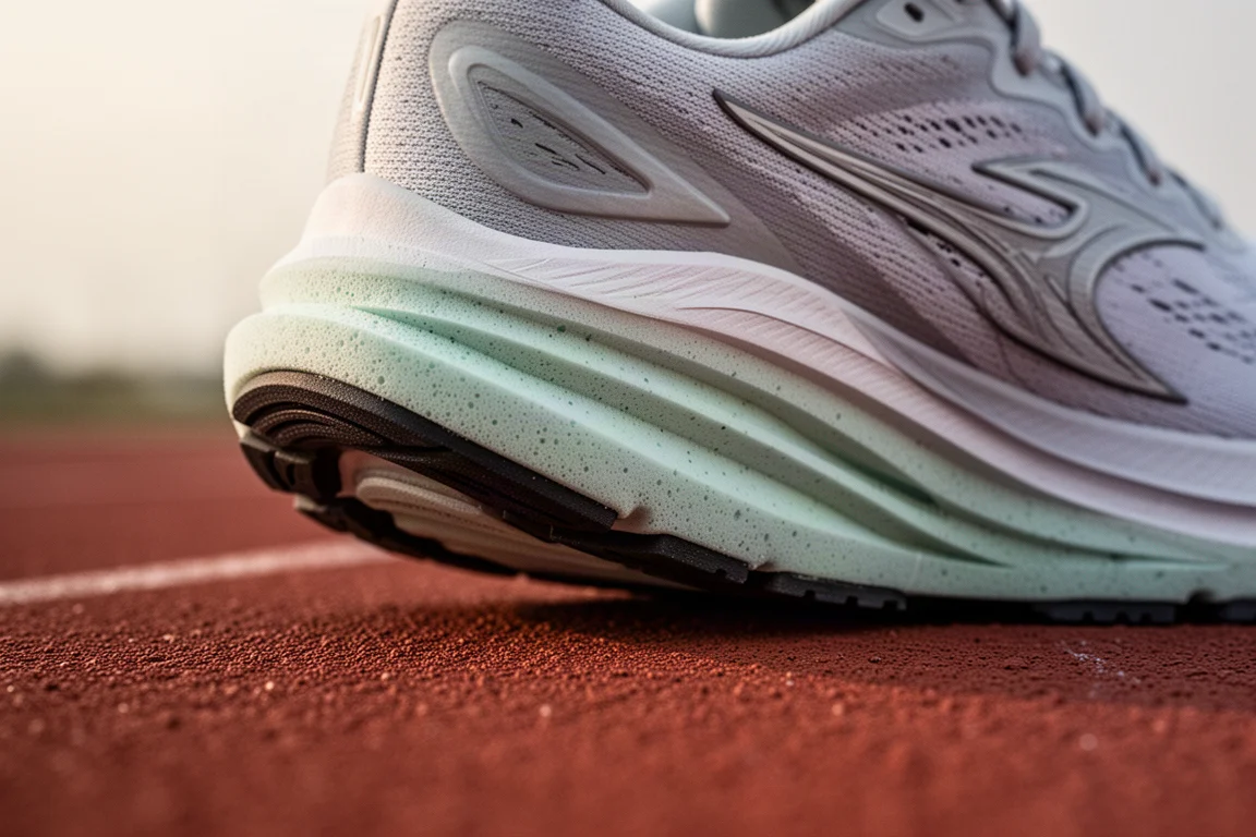 Close-up van de tussenzool van een hardloopschoen met carbonplaat, met rocker-geometrie zichtbaar op een atletiekbaan