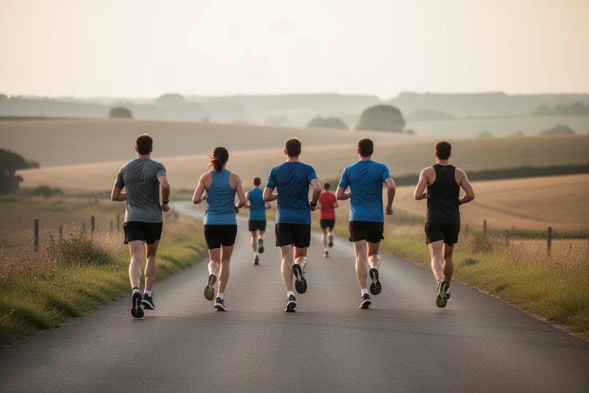 Groep hardlopers op een lange rustige duurloop over een landweg in zacht licht