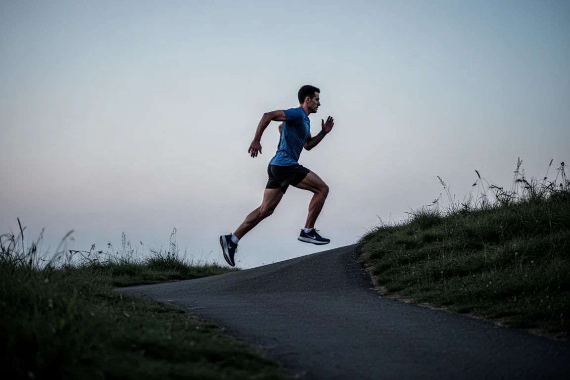 Hardloper die bij schemering een korte, steile helling opspint aan de rand van een trail