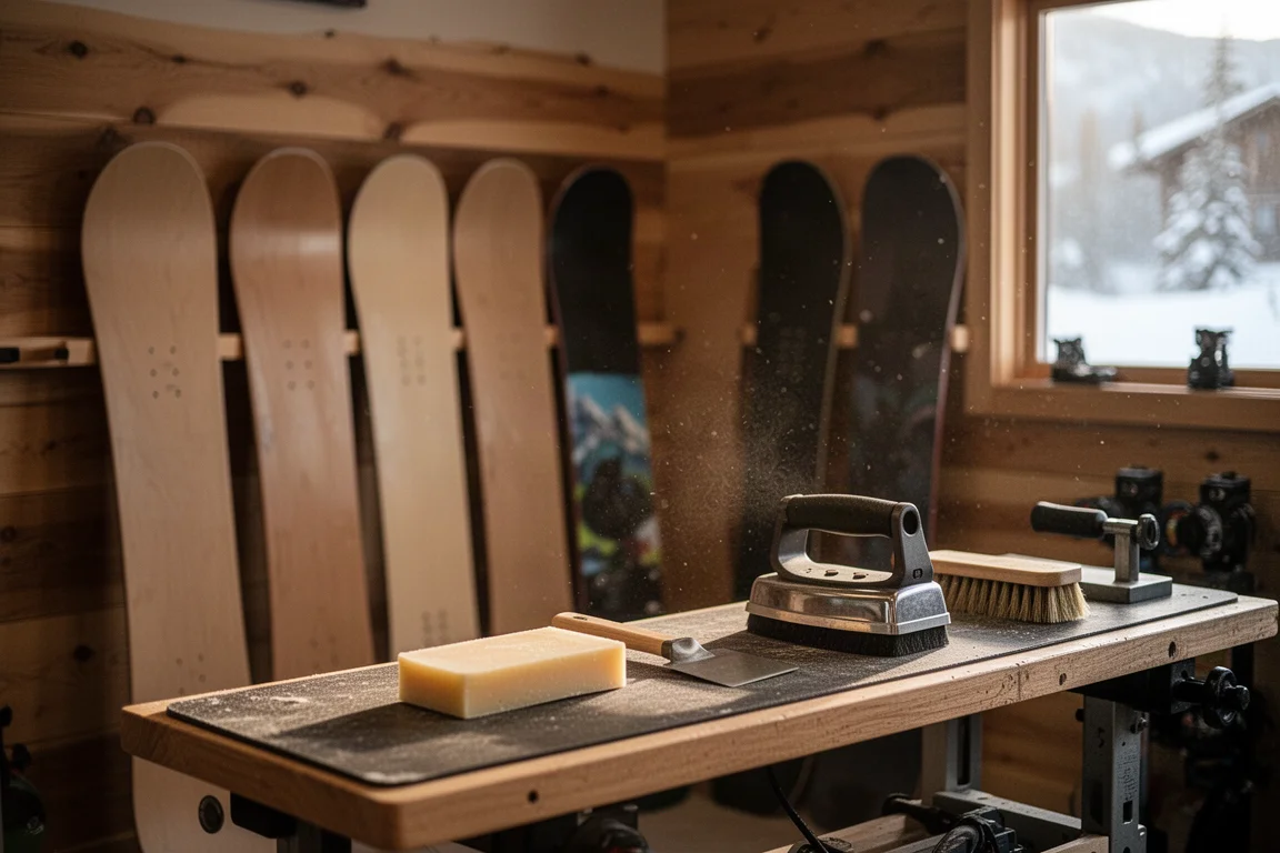 Snowboard shop interior with a rack of boards and a tuning bench in warm light