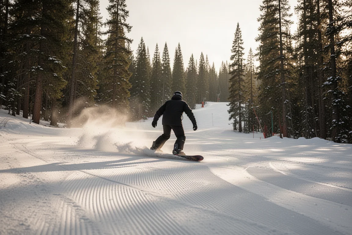 Snowboarder carving a groomed run with pine trees and late afternoon light