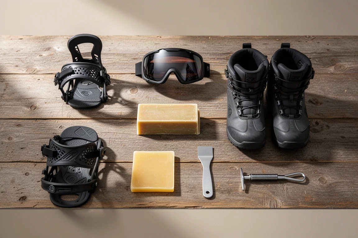 Overhead flat-lay of snowboard bindings, boots, goggles, wax, and tuning tools