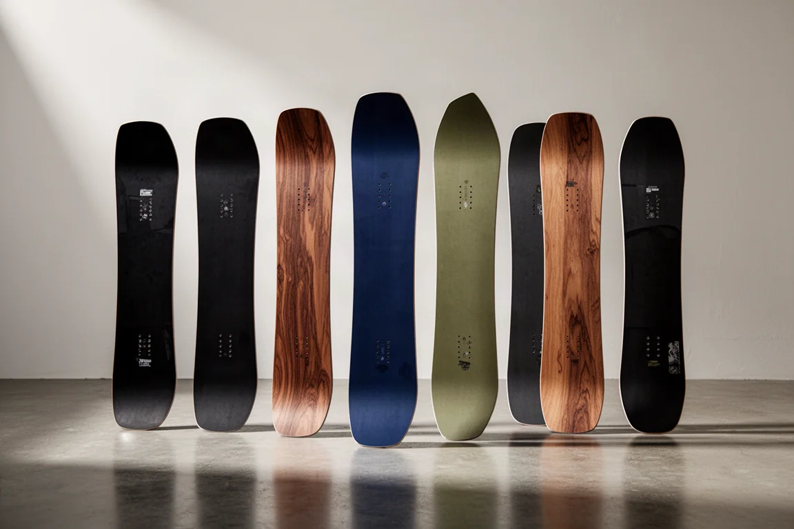 Eight snowboard decks standing upright in a row on a concrete floor under soft studio light