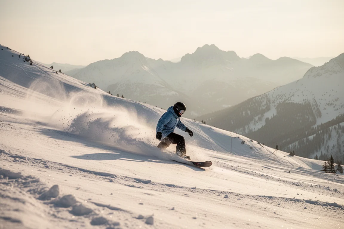 Snowboarder carving through fresh powder on a sunlit mountain slope