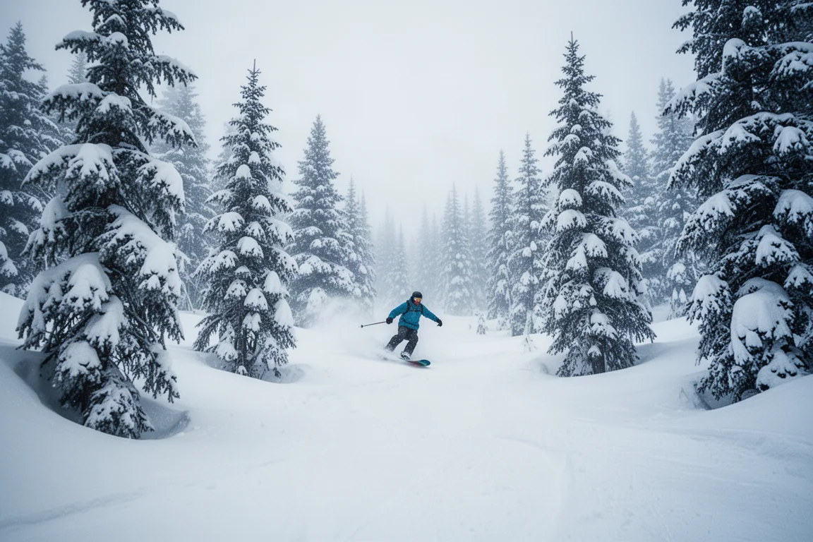 Snowboarder riding through trees on a powder day