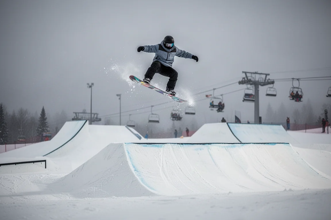 Snowboarder hitting a park jump at a ski resort terrain park