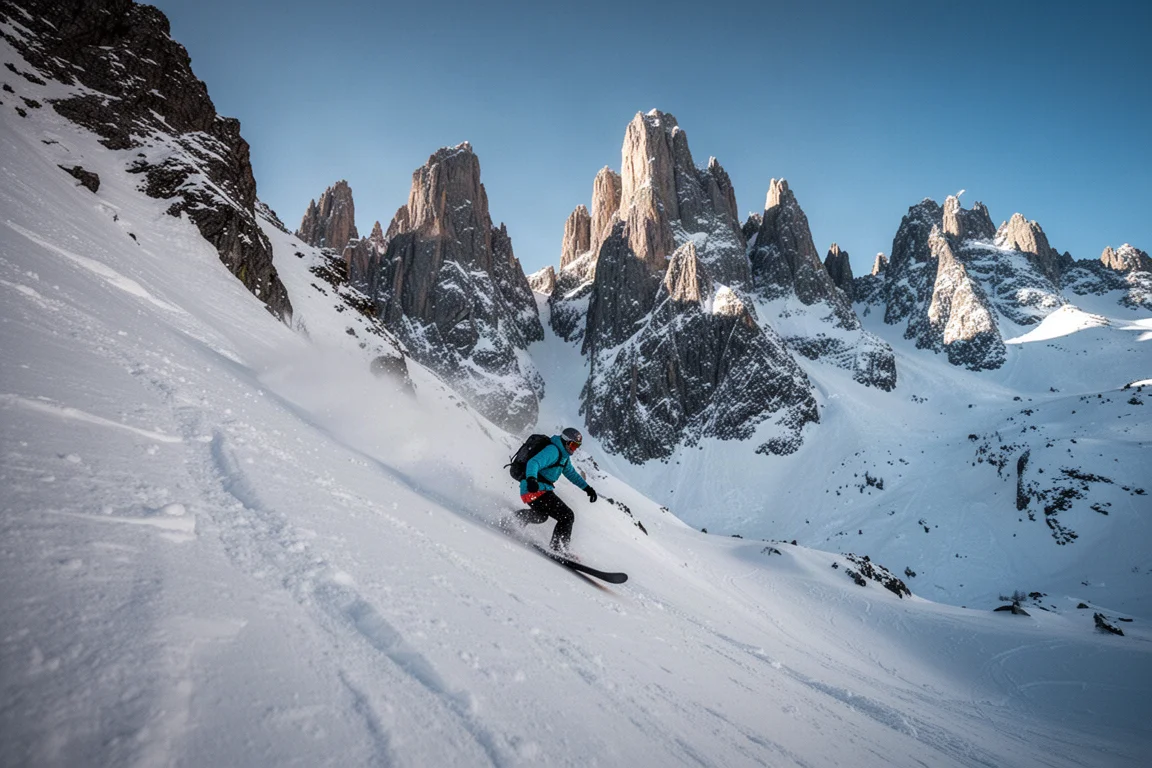 Snowboarder on steep alpine terrain with dramatic mountain backdrop