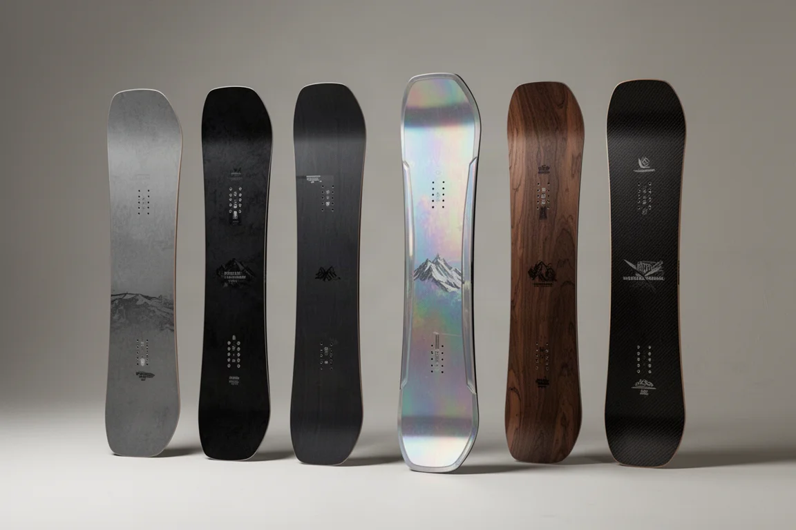 Six snowboards of varied finishes standing upright in a row on a grey studio backdrop