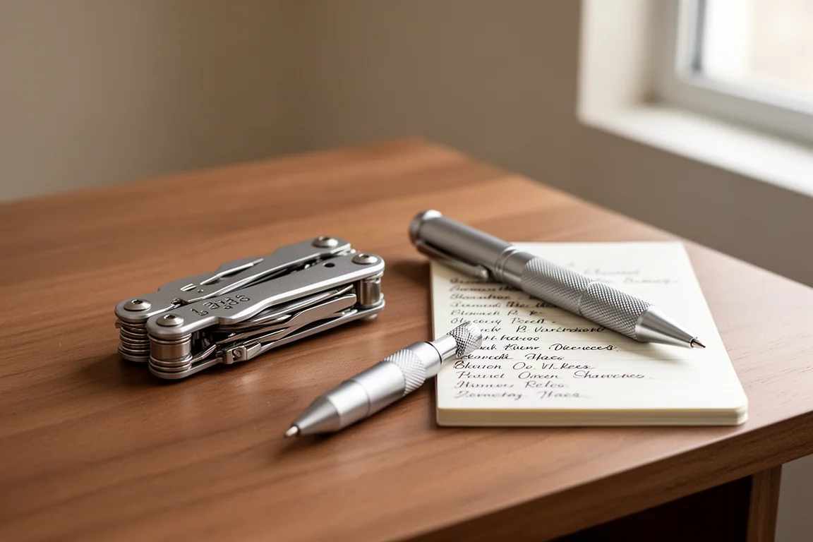 Multi-outil compact et stylo en aluminium disposés sur un bureau à côté d'un carnet