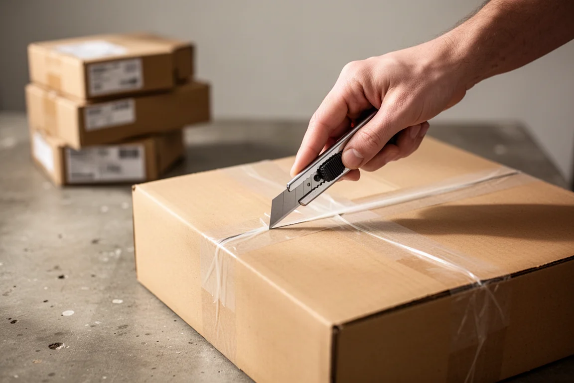 Main ouvrant un carton avec un couteau utilitaire fin sur une table d'atelier