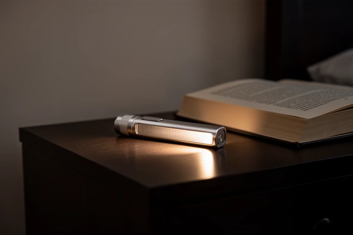 Lampe torche de poche rectangulaire sur une table de chevet projetant une lumière douce dans une pièce sombre