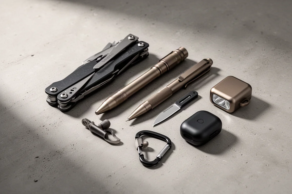 Flat-lay of everyday carry gear including a multi-tool, pen, flashlight, utility knife, clip, and earplug case on concrete