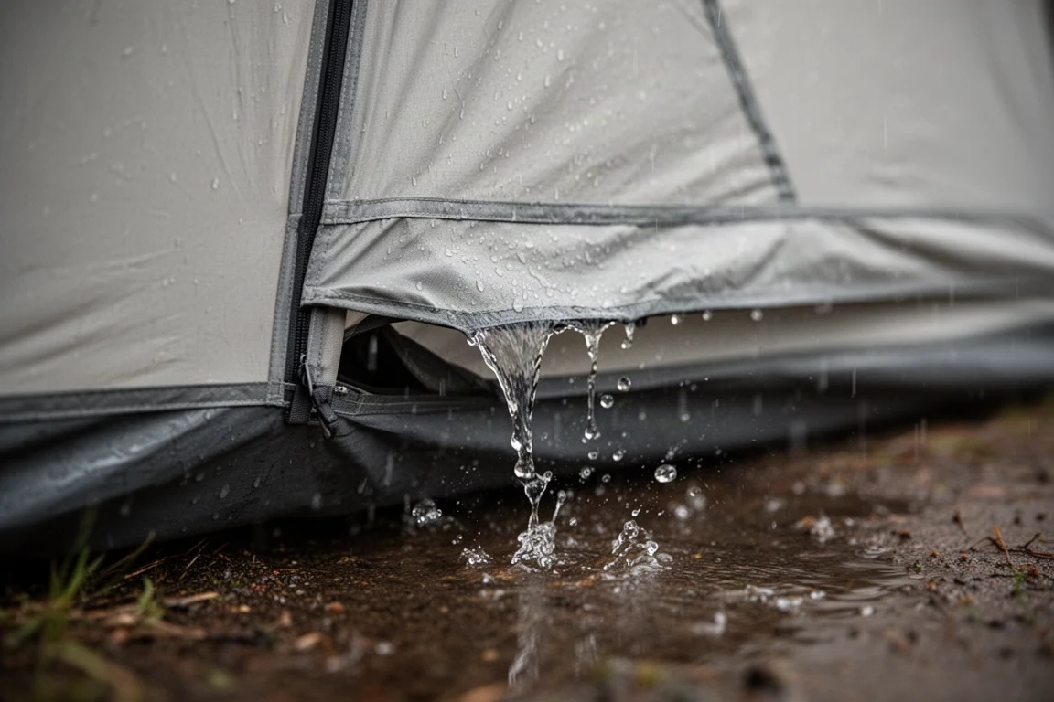 Puerta pequeña y baja de tienda parcialmente abierta con gotas de lluvia en la tela