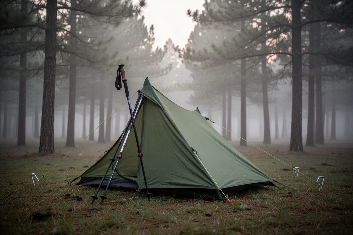 Single-wall trekking pole tent pitched on grass in a forest clearing at dusk