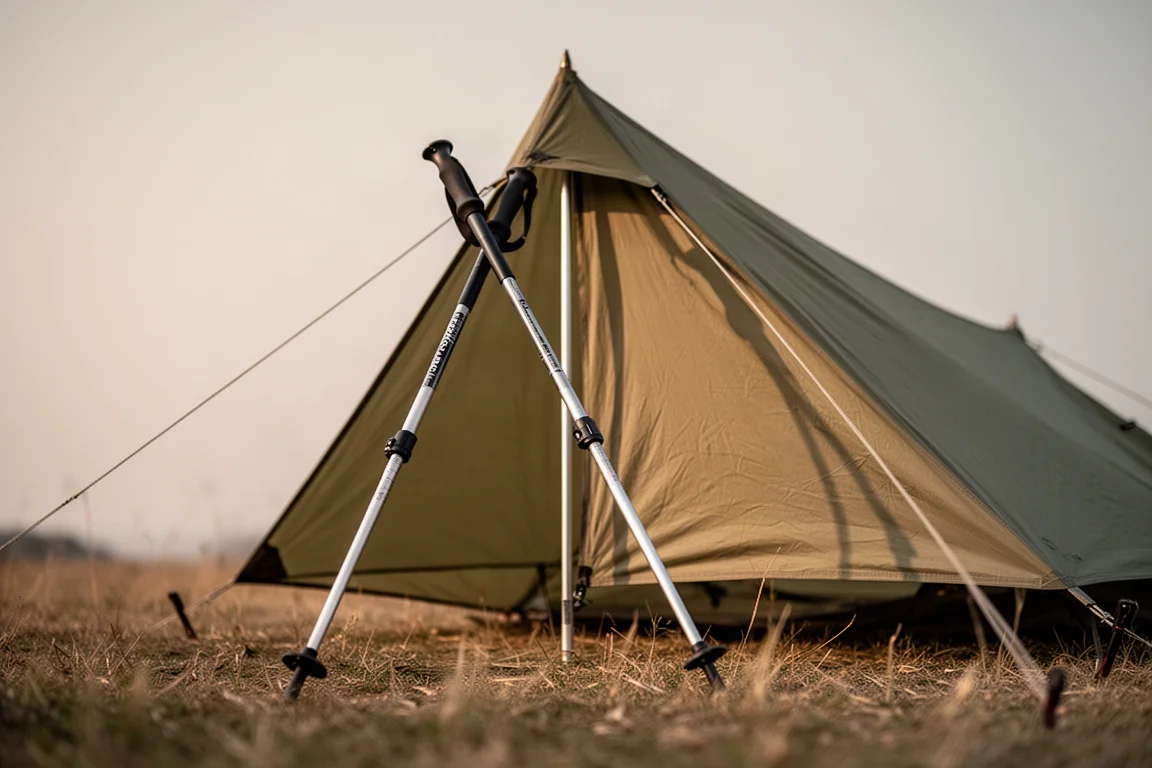 Low angle view of a slanted trekking pole holding up a lightweight tent ridgeline