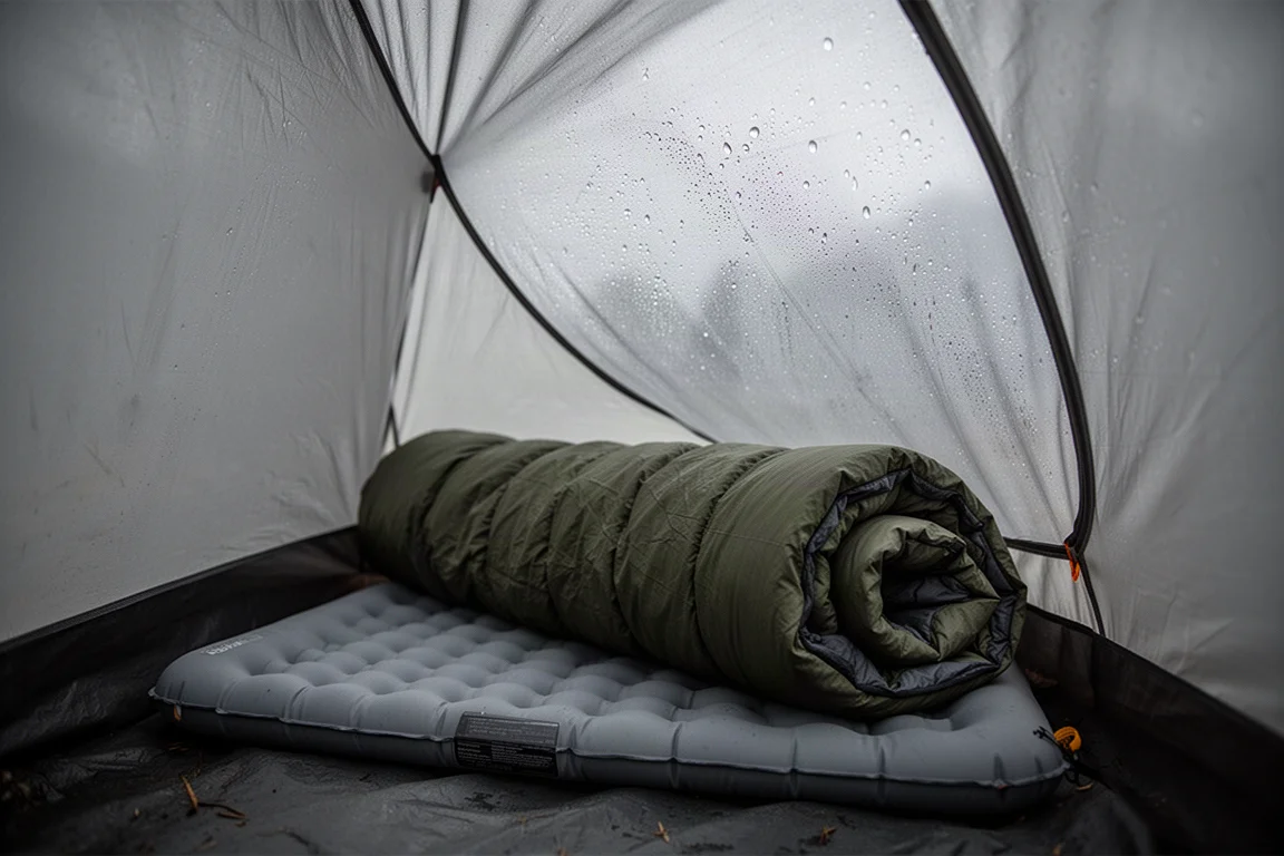 Sleeping bag inside a small single-wall tent with condensation on the inner wall