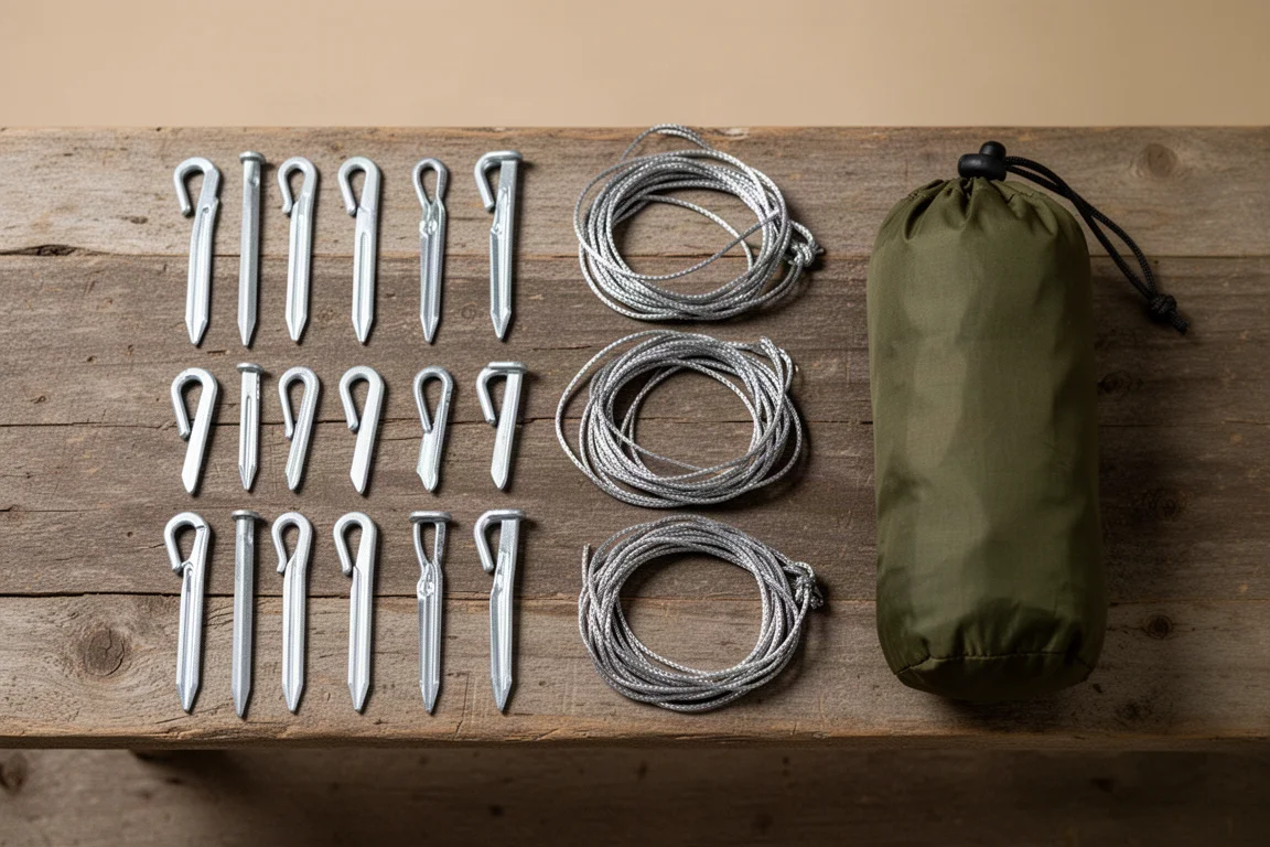Overhead flat-lay of tent stakes, guy lines and a packed stuff sack on wood