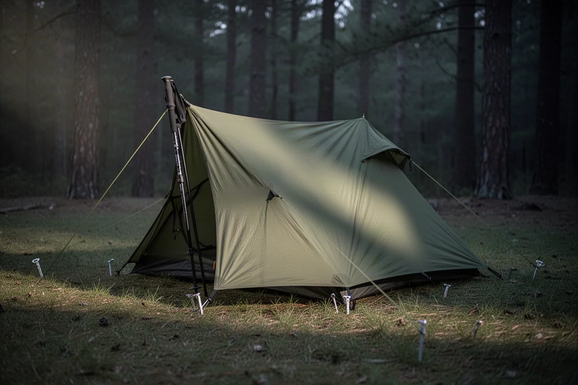 Olive green single-wall trekking pole tent pitched on grass in a forest clearing at dusk