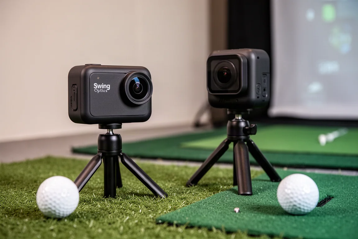 Swing Optics 攝影機安裝在三腳架上，位於高爾夫模擬器打擊區旁的特寫