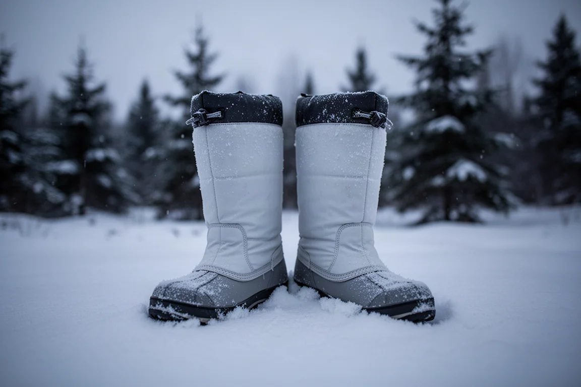 一雙白色高筒保暖雪靴在黃昏時分立在深厚的新雪中