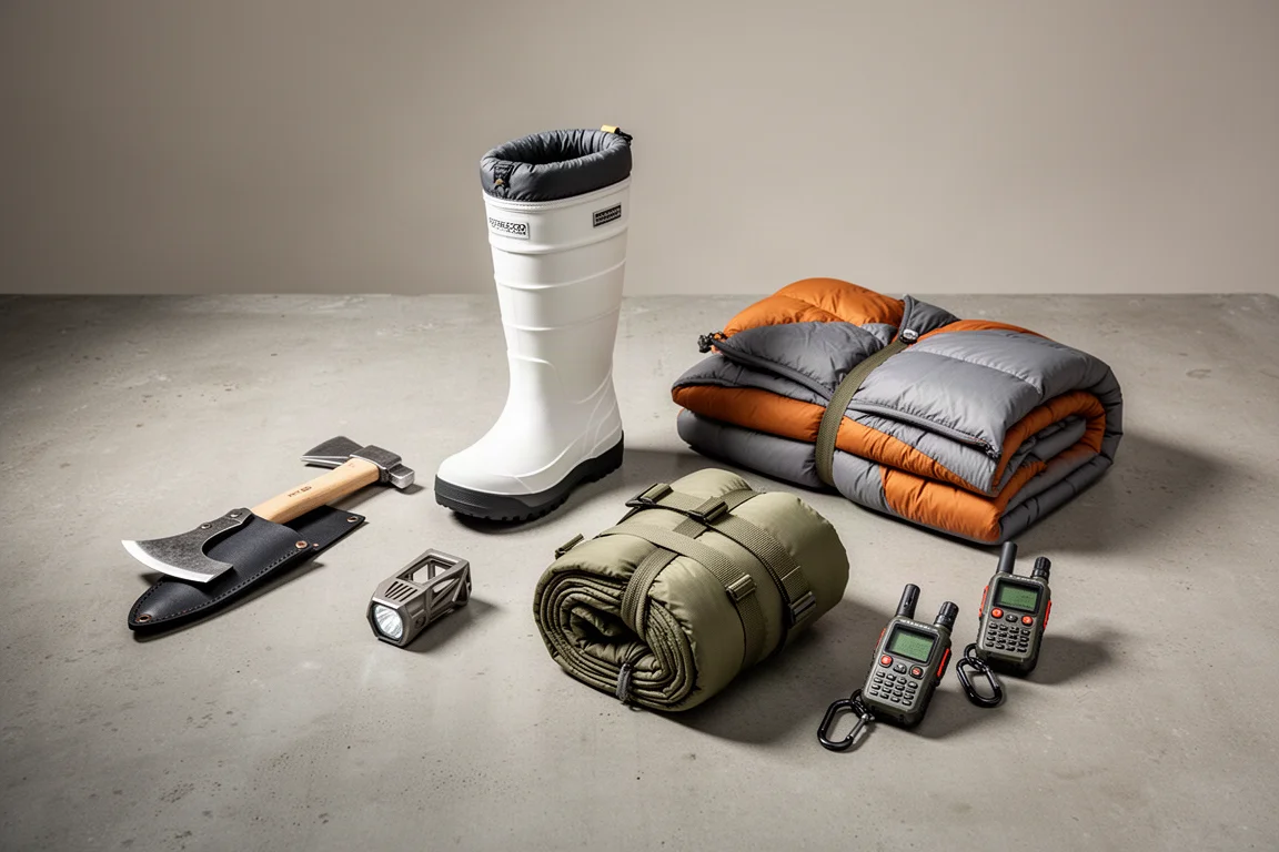 Six outdoor gear items arranged on a concrete surface for an editorial roundup