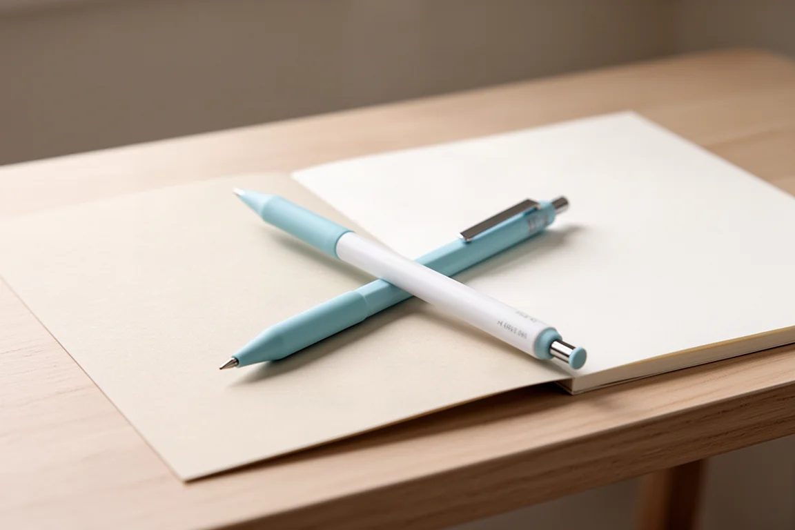 Crayon mécanique bleu pastel posé sur un bureau en bois clair à côté d'un carnet