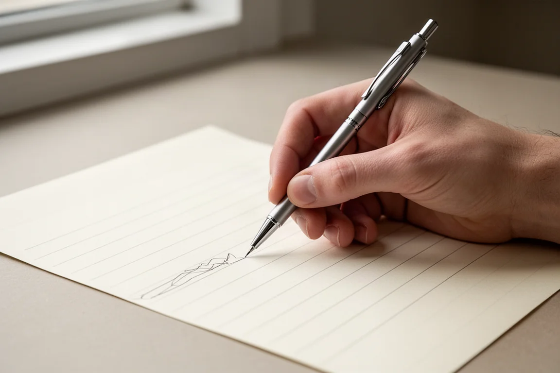 Main écrivant des notes sur du papier ligné dans une douce lumière du jour