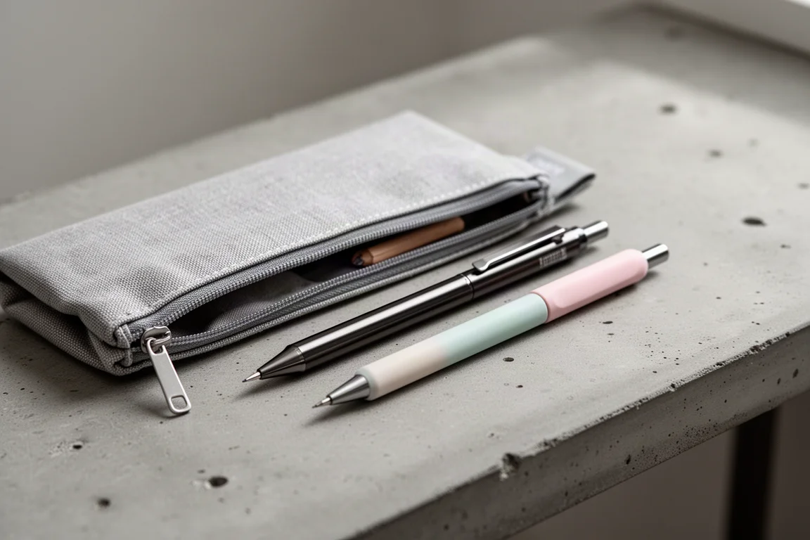 Trousse à crayons ouverte avec deux crayons mécaniques côte à côte sur un bureau