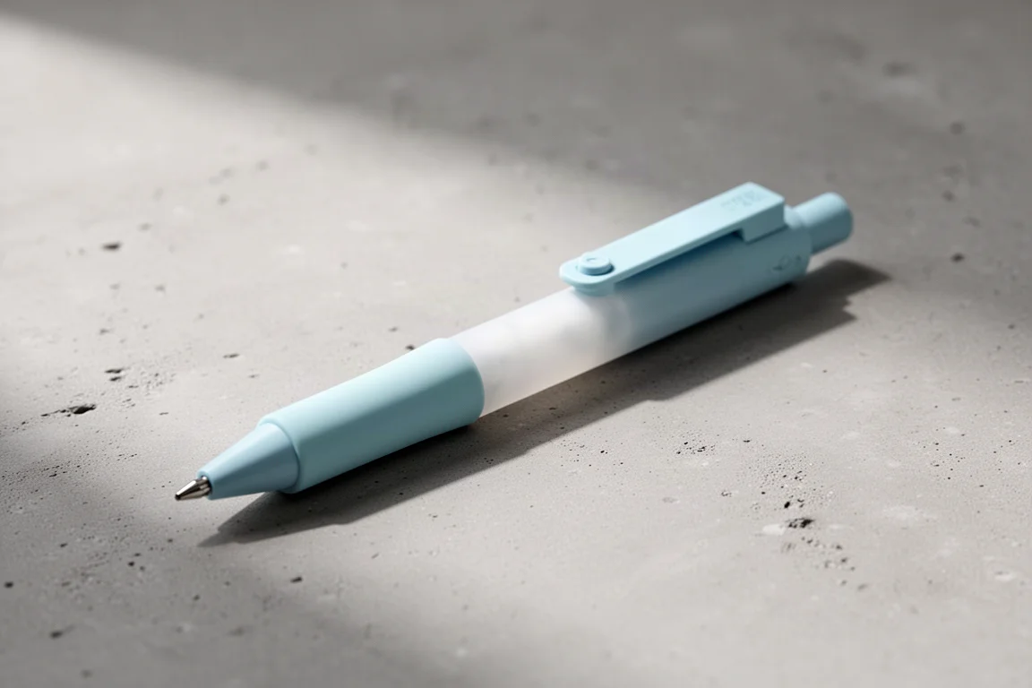 Pastel blue Uni Alpha Gel Switch mechanical pencil on a concrete surface