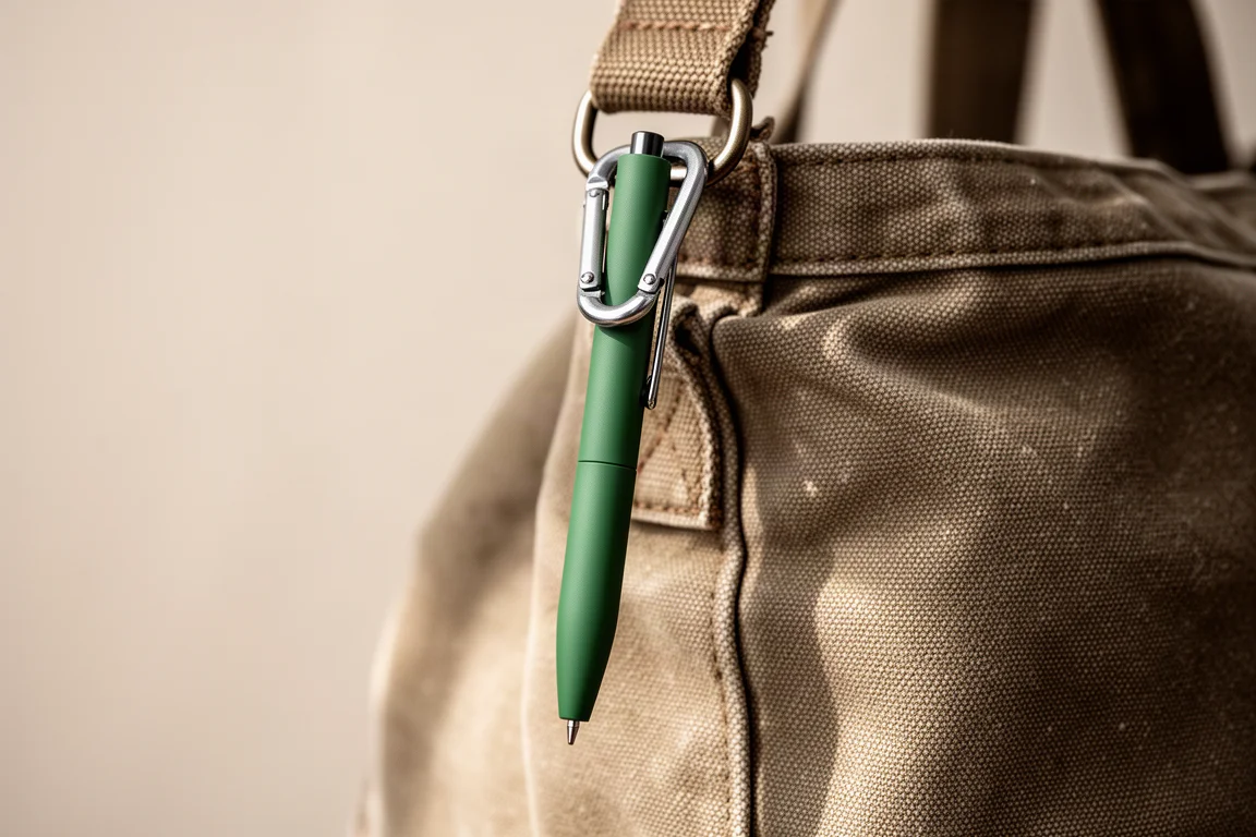 Bolígrafo compacto verde con mosquetón colgando de una correa de bolso