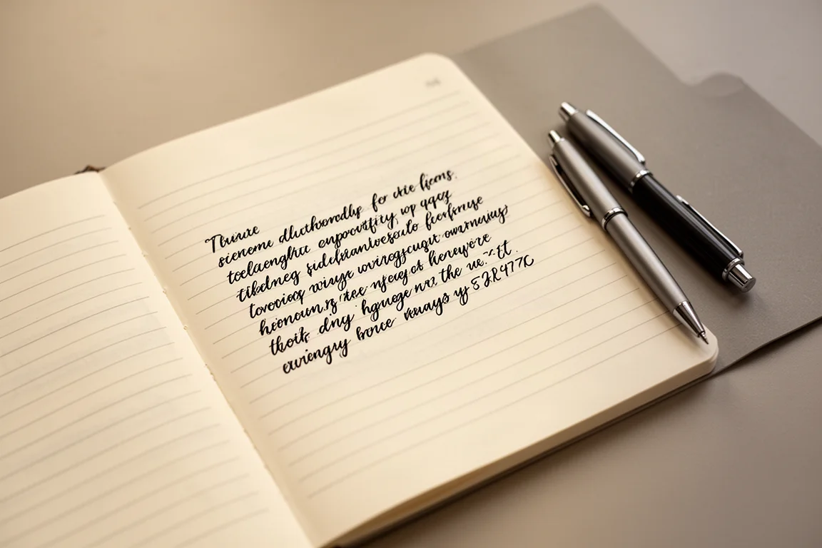 Muestra de escritura a mano con tinta oscura y suave sobre papel de cuaderno