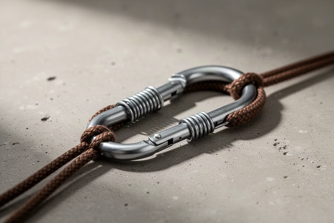 Primer plano del mecanismo de cierre del mosquetón mostrando su grueso cable metálico