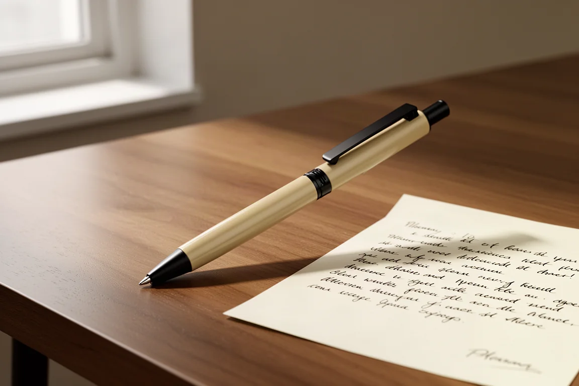Slim beige multi-function pen with black clip resting on a wooden desk