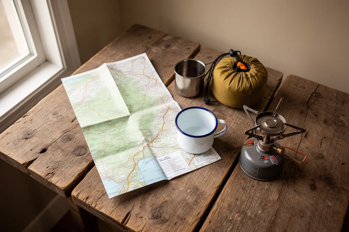 Equipamento de camping disposto sobre uma mesa de madeira com um mapa e uma caneca esmaltada