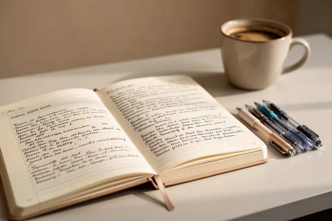 Quaderno aperto con appunti scritti a mano accanto a una penna