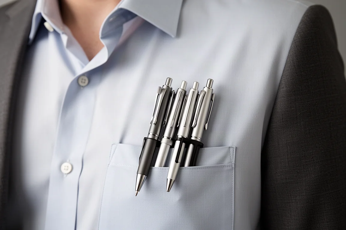 Multi-penna agganciata alla tasca di una camicia con abbigliamento professionale