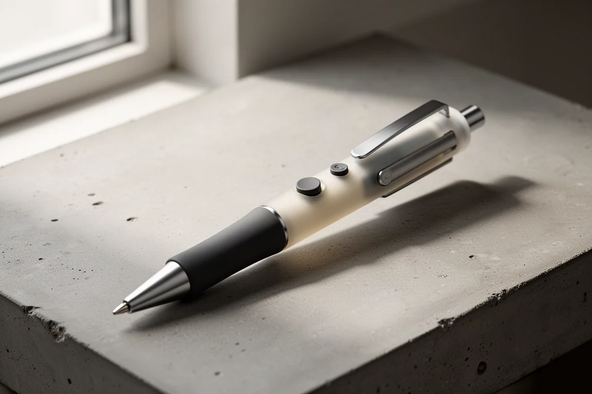 Three-color retractable ballpoint pen with metal clip on a concrete desk