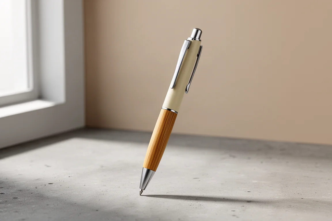 Uni Jetstream 4&1 Bamboo multi-pen with pale beige barrel and bamboo grip on concrete