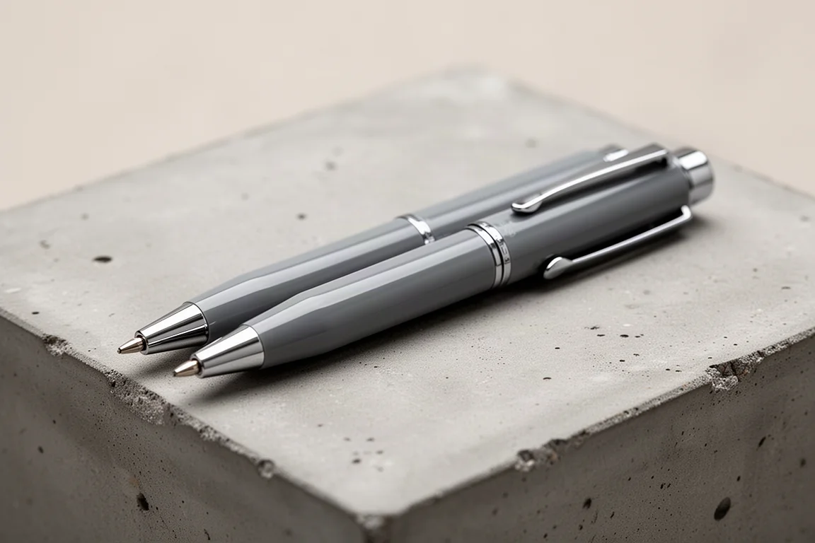 Glossy grey multi-pen resting on a concrete desk in soft light