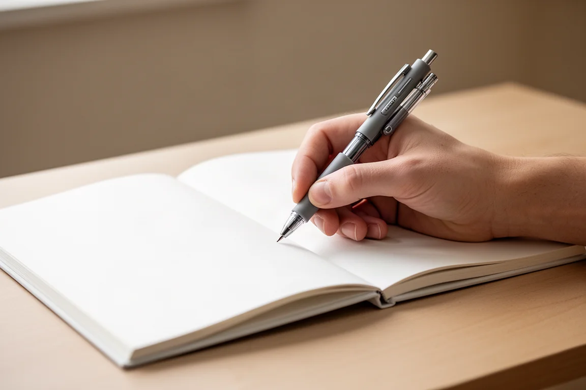 Hand writing smoothly on white notebook paper with a multi-pen