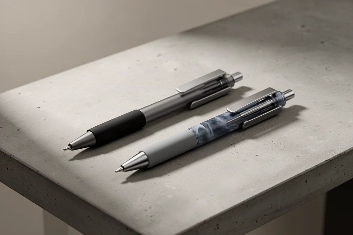 Slim single-color pen and resin multi-pen side by side on a concrete desk