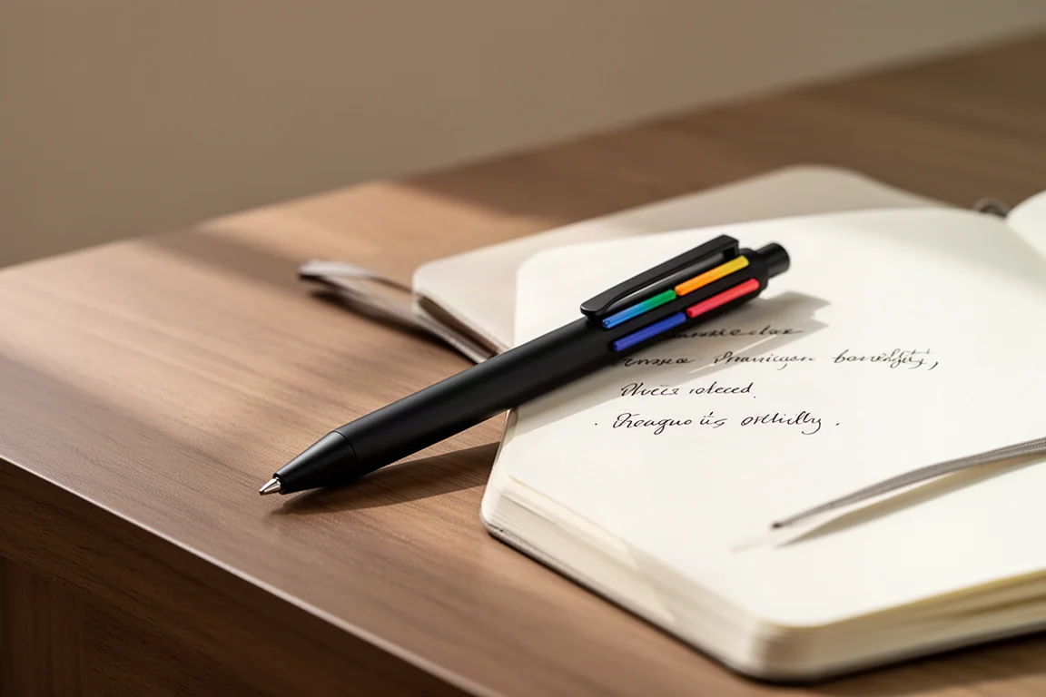 Penna multifunzione sottile appoggiata su una scrivania in legno accanto a una pagina scritta a mano