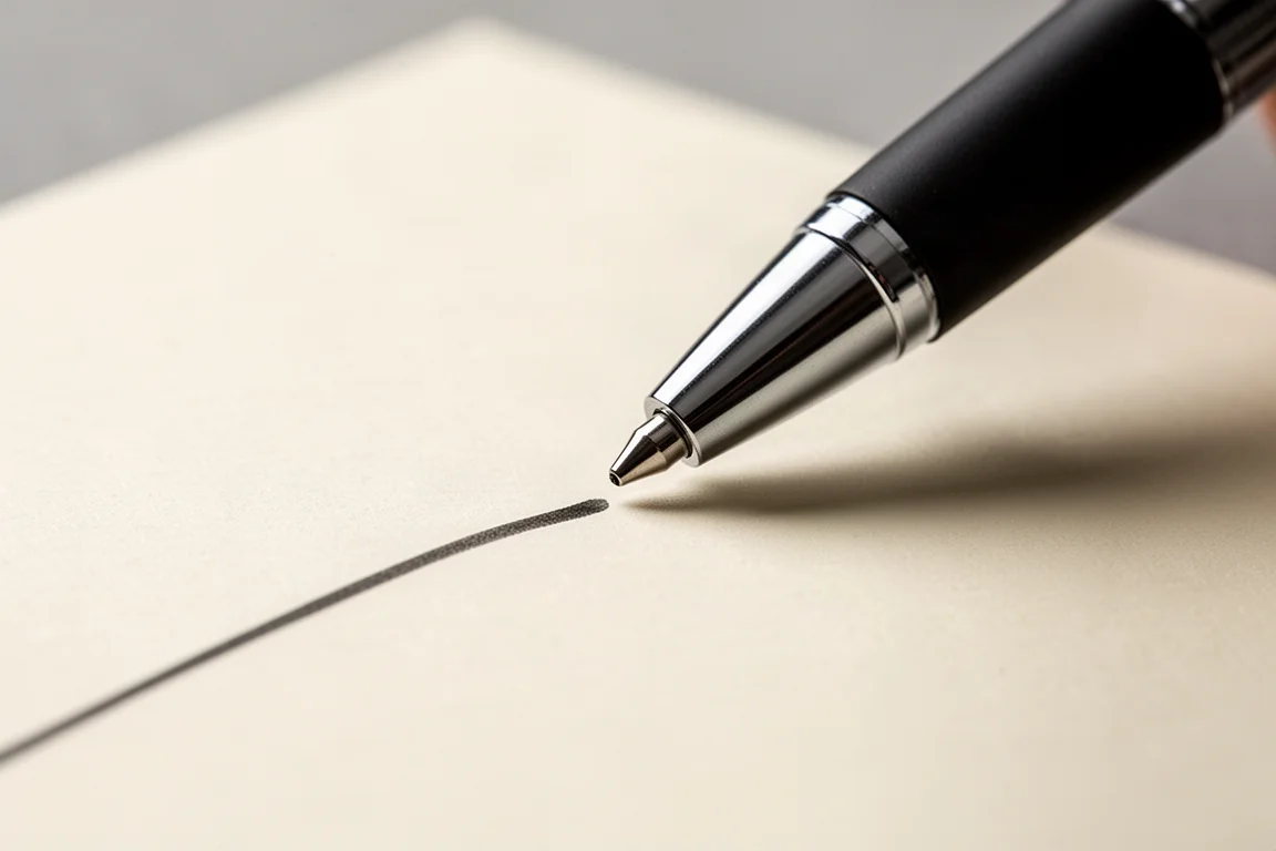 Primo piano di una punta di penna a sfera che scrive fluidamente su carta color crema