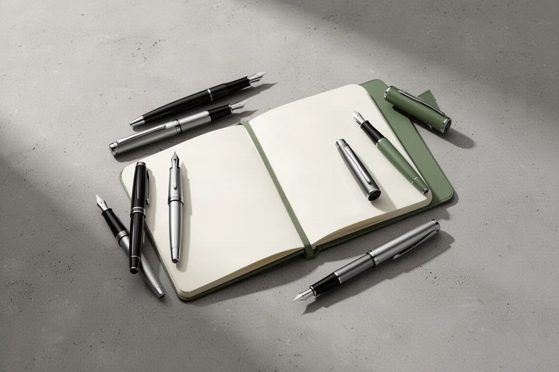Strumenti di scrittura assortiti disposti su una superficie di cemento