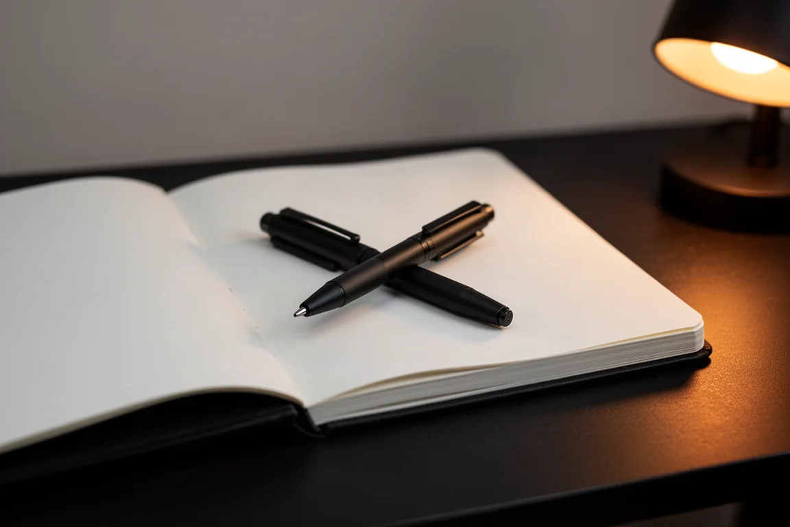 Taccuino aperto e penna nella luce soffice della sera su una scrivania
