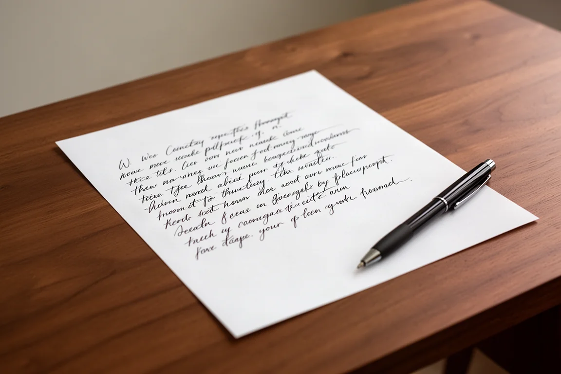 Test pisma na kartce papieru leżącej na drewnianym biurku, z płynnymi, równymi śladami atramentu