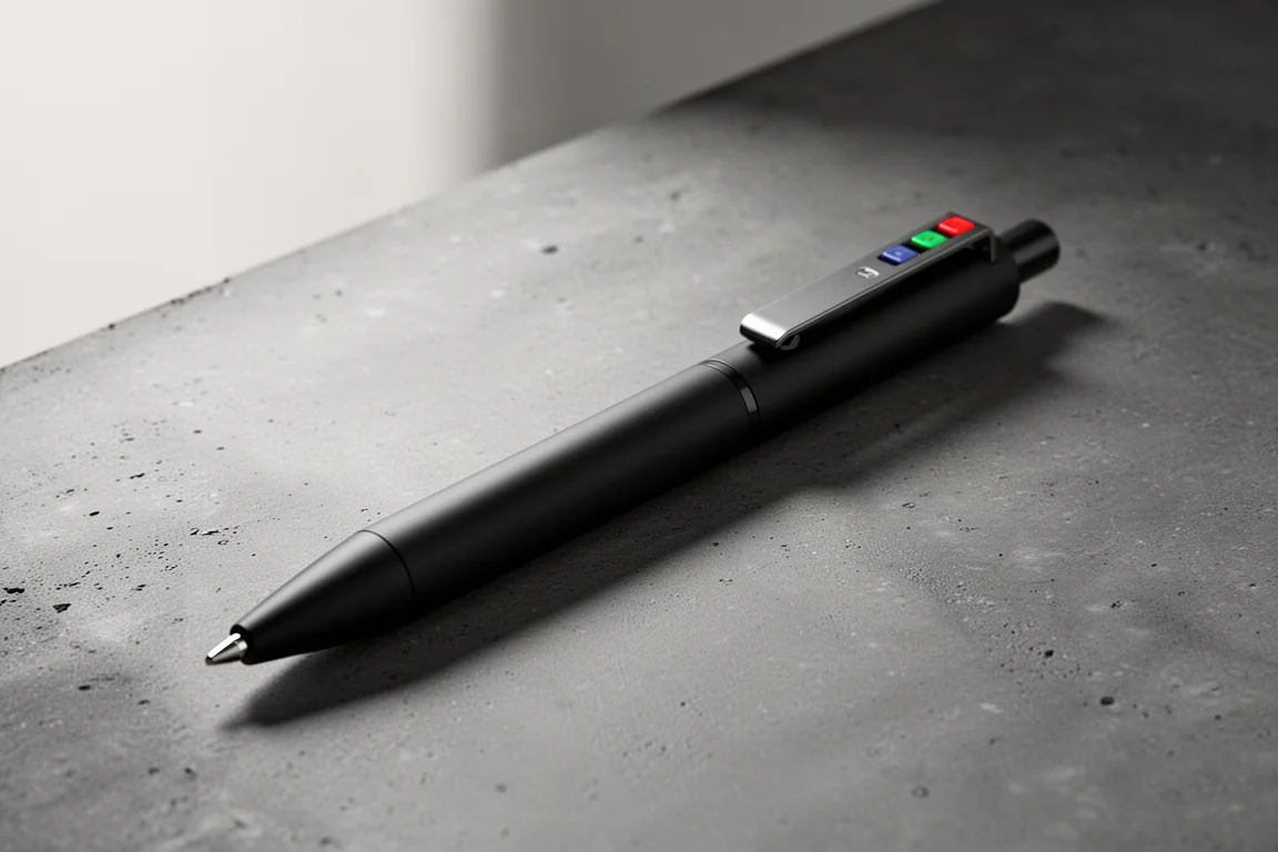 Matte black multifunction pen lying diagonally on a dark concrete surface