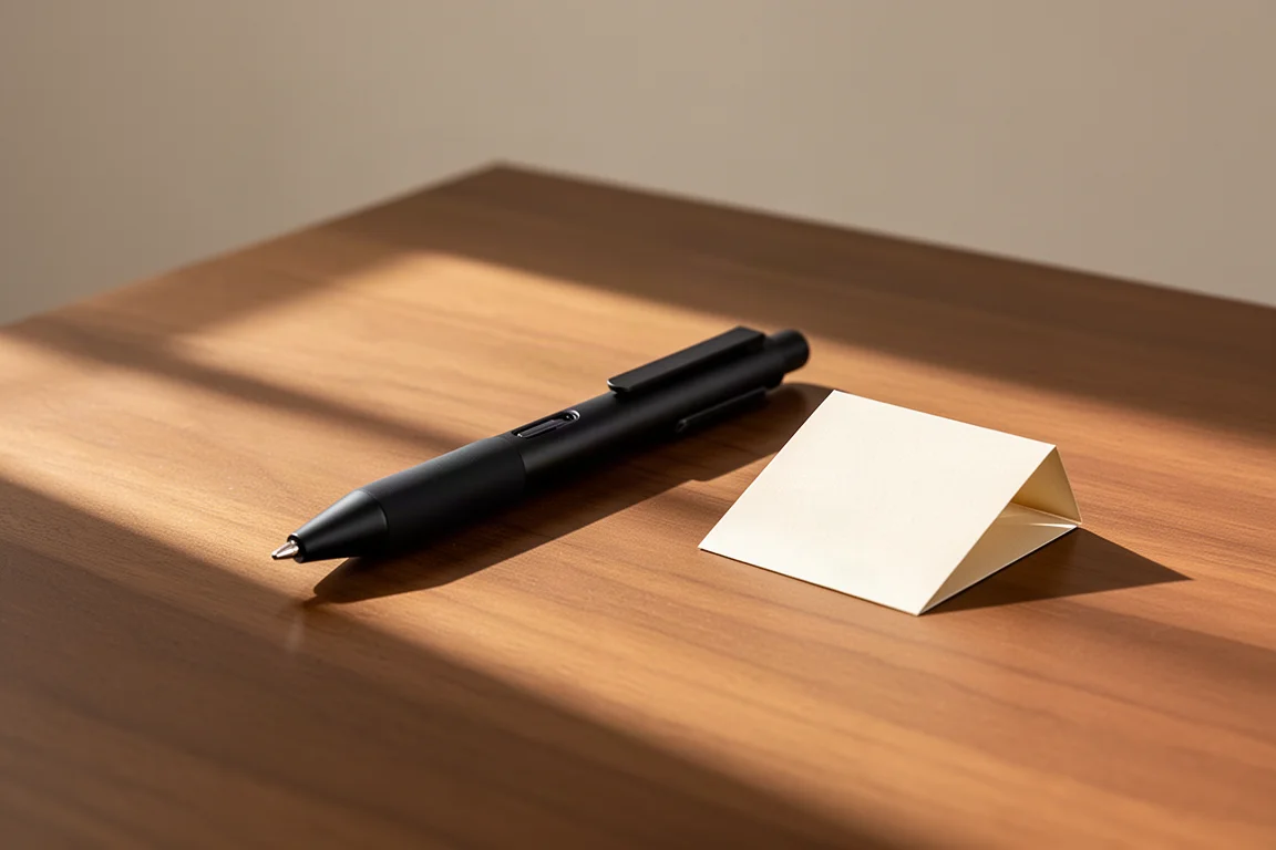 Multi-stylo noir mat posé sur un bureau en bois à côté d'une note manuscrite