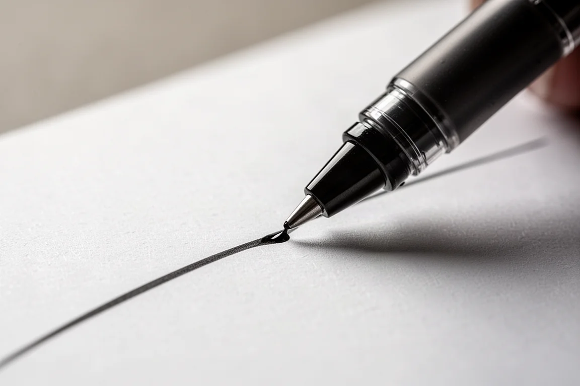 Gros plan sur une pointe de stylo glissant sur du papier blanc avec un trait d'encre régulier