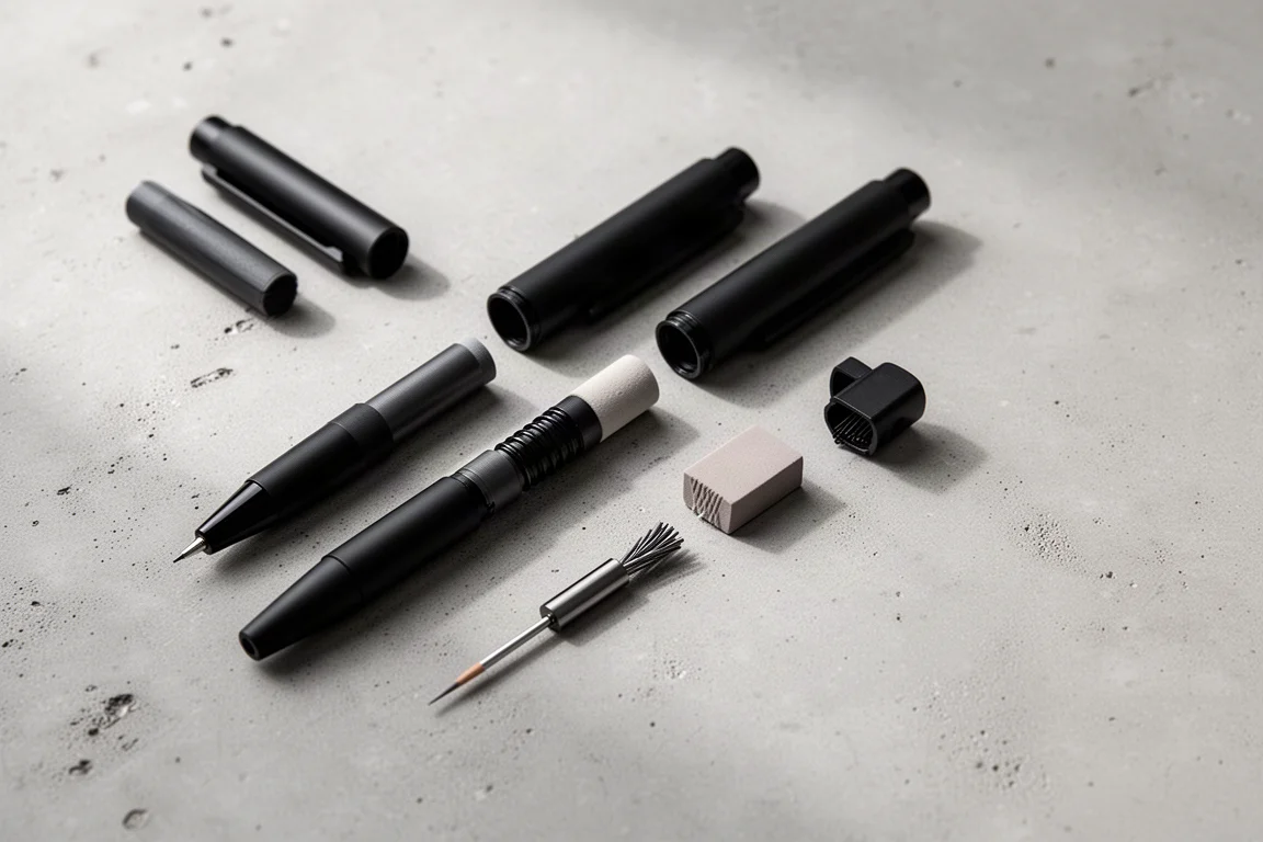 Vue à plat de dessus d'un stylo, du détail d'une gomme et d'un porte-mine sur une surface neutre